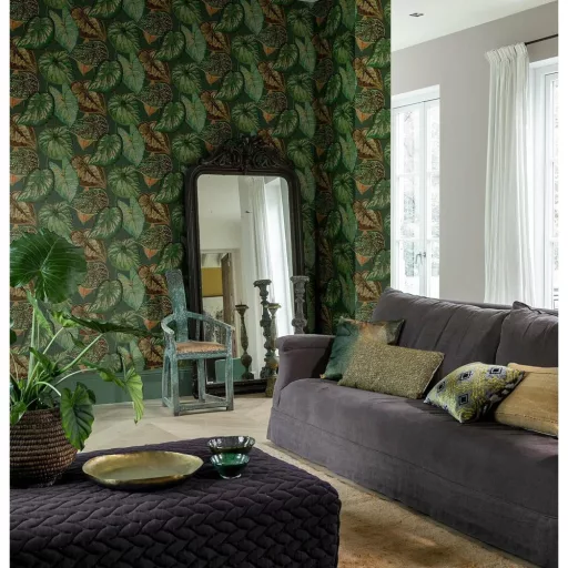 Tahiti/Decoprint TA25054 Trópusi leveles mintás zöld színű vlies tapéta  