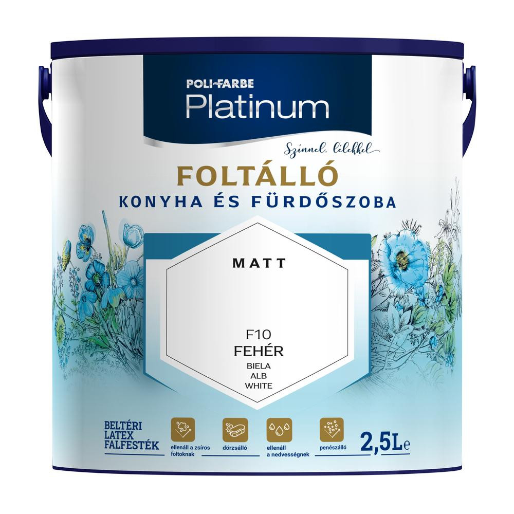 Poli-Farbe Platinum Foltálló Konyhai és Fürdőszoba Beltéri Falfesték Fehér 2,5 liter